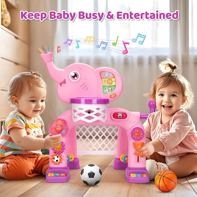 Toddler Basketball Hoop & Soccer Goal Sports Toys for 1 2 3 Years Old Girls Boys, Montessori Toys, Interactive Musical Toy with Lights, Christmas Birthday Gifts for Baby Kids Age 12-18 Months(Pink