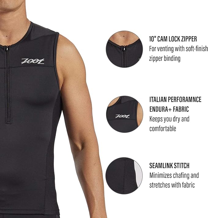 Zoot Men’s Core Tri Tank, Performance Triathlon Race Tank Top, UPF 50+ Fabric, Rear Pockets, Mesh Panels, & Cam Lock Zipper