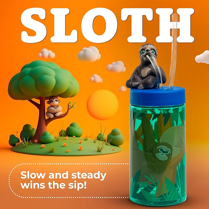 Kids Water Bottle, Toddler Cups, Tumbler with Lid and Straw, Travel Sippy Cup for Water or Milk, Kids Cups with Lids for Toddlers 3 and Up, BPA Free Plastic, 12 oz (Trend Zoo Sloth)