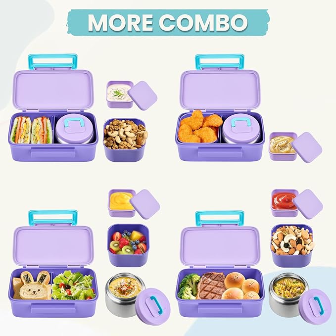 PIQUEBAR Kids Lunch Box with 8oz Thermo, Leakproof Bento Box with Insulated Bag, Kids Insulated Water Bottle, Food Lunch Container for Back to School Girls Boys, Purple