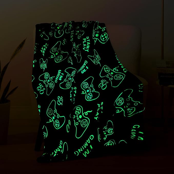 Wesan Gaming Gamer Glow in The Dark Blanket Boys Kids Teens Birthday Christmas Easter Age 1 to 13 Video Game Toys Fun Fluffy Plush Throw 50"x60"