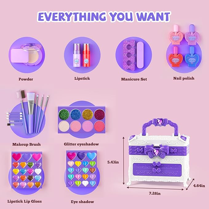 Kids Makeup Sets for Girls, 66pcs Real Cosmetic for Kids Toys with Mirror, Princess Washable Girls Makeup Kit, Non-Toxic & Safe Brithday Gifts for 3 4 5 6 7 8 10 - 12 Years Old（Purple White）