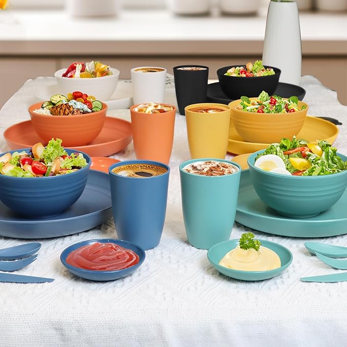 Wrova Wheat straw plates and bowls sets with cutlery - Unbreakable wheat straw dinnerware sets - Dishwasher safe plates,bowls,cups for apartment.Blue