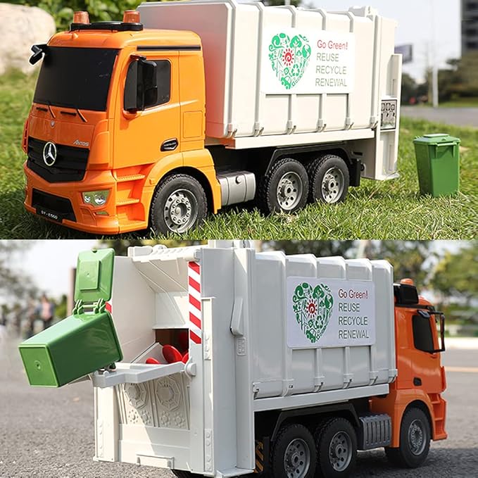 DOUBLE E Benz Licensed Remote Control Garbage Truck Electric Recycling Toy Set with Trash Bin Real Lights Rechargeable Waste Management Trash Truck Toys Gift for Kids