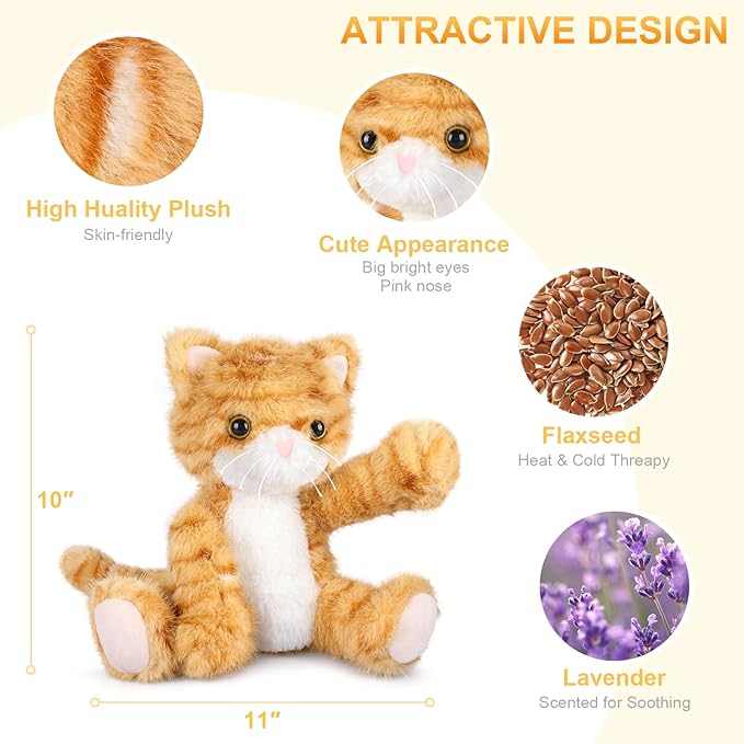 Heatable & Coolable Orange Cat Stuffed Animal, Cat Heating Pad Microwavable for Soothing & Relaxation, Lavender Scented Orange Cat Plush Toy for Stress Relief, Stuffed Cat Toys for Kids