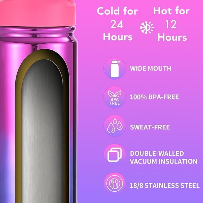 Mininoo Kids Water Bottle, Girls Water Bottles for School, 16oz Metal Water Bottle Kids with Straw Lid