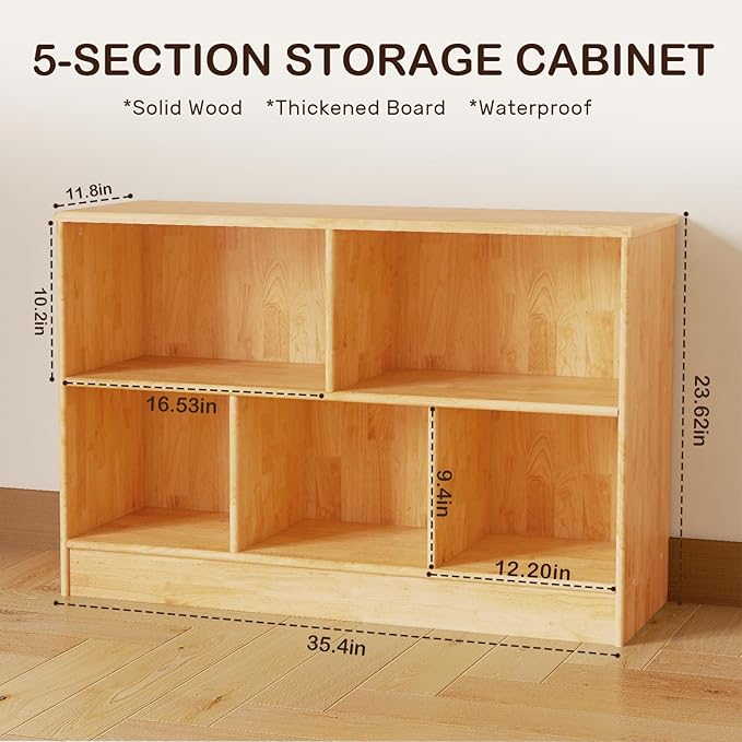 wingyz Montessori Bookshelf Rubber Soild Wood, 5-Section Wooden Storage Cabinet, 2 Shelf Bookcase Toy Storage Organizer, 35.4" L Montessori Shelf for Kids Rooms Classroom Nursery Daycare, Child-Safe