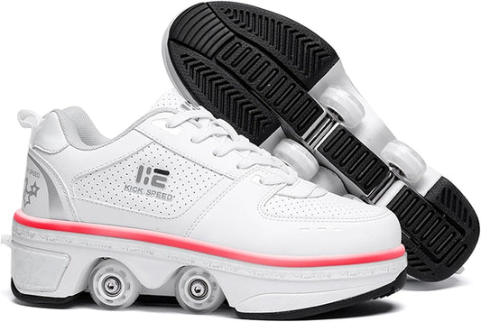 2-in-1 Roller Skates Shoes with Retractable 4 Wheels & Pop-Out Deformation Sneakers Outdoor Sports Skating Shoes for Girls Boys