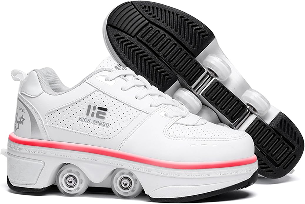 2-in-1 Roller Skates Shoes with Retractable 4 Wheels & Pop-Out Deformation Sneakers Outdoor Sports Skating Shoes for Girls Boys