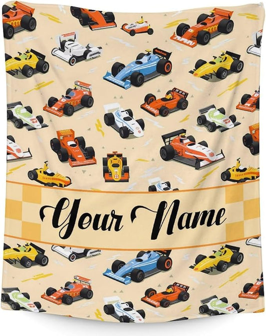 Personalized Cars Blankets for Boys, Custom Racing Car Blanket Gifts with Name for Cars Lovers, Yellow 60x80 Inches Cute Soft Fuzzy Throws for Couch, Sofa & Bed