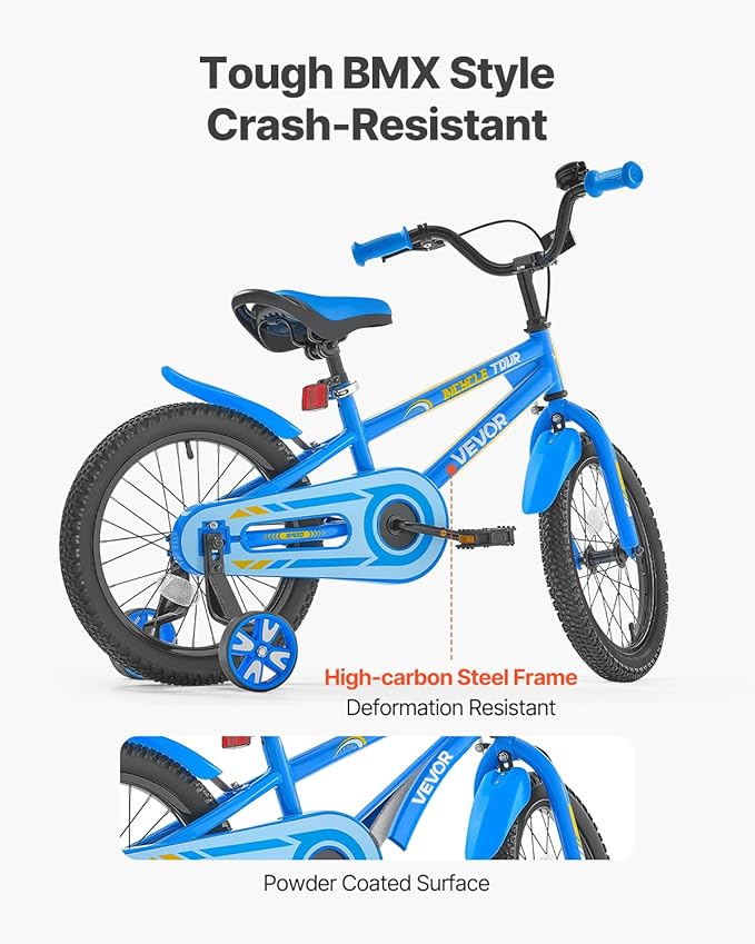 VEVOR Kids Bike, 14/16/18 Inches BMX Style Children Bicycle, Training Wheels Included, Sturdy and Easy to Assemble, Toddler Bike for Boys & Girls Learning to Ride, Blue