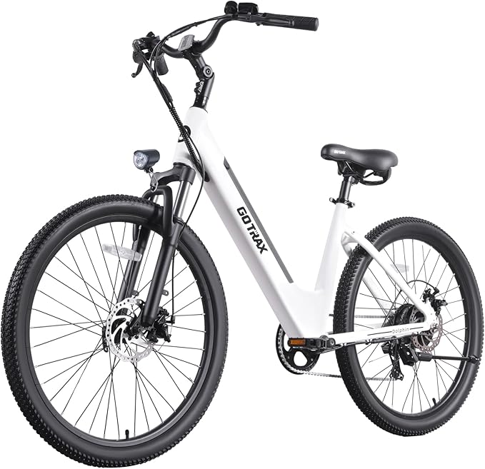 Gotrax Dolphin 26" Electric Bike, Max Range 30Miles(Pedal-assist1) & 20Mph Power by Peak 500W, 5 Pedal-Assist Levels & Front Suspension, 7-Speed&Boost Mode, City E-Bike for Adult, Step-Thru Bicycle