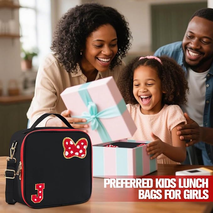 Preppy Initial Bow Mouse Lunch Bag, Kids Insulated Lunch Box Gifts for Teen Girls Daughter, Reusable Soft Lunch Containers Crossbody Cooler Bag Must Haves for Park Travel School Work Picnic Black J