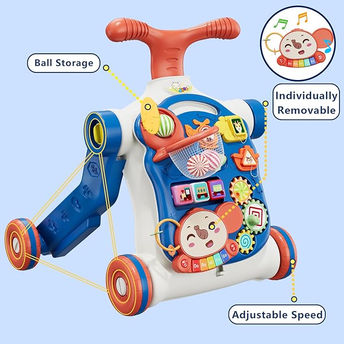 5 in 1 Baby Push Walker for Baby Boy, Activity Center Learning to Walk, Sit to Stand, Early Learning Push Toys for Infant 12 Months, Walking Toys Gift for Toddler Boys, Blue