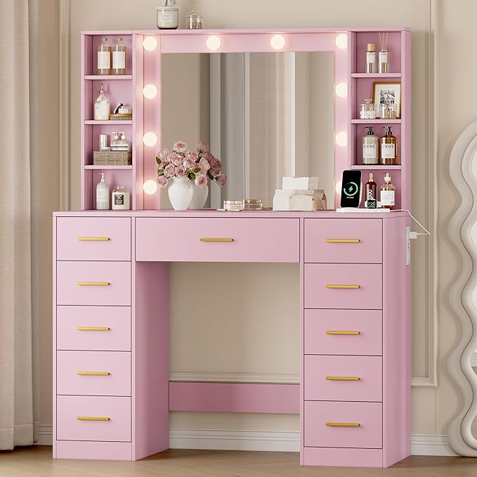 Makeup Vanity with Drawers, 43" Pink Vanity Desk with Mirror and Lights, 11 Drawers & 4 Shelves, Power Outlet & Adjustable LED Lights, Dressing Table for Women & Girls Bedroom