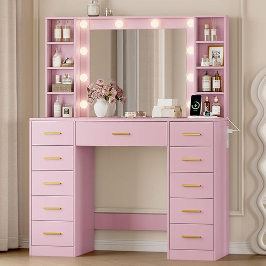 Makeup Vanity with Drawers, 43" Pink Vanity Desk with Mirror and Lights, 11 Drawers & 4 Shelves, Power Outlet & Adjustable LED Lights, Dressing Table for Women & Girls Bedroom