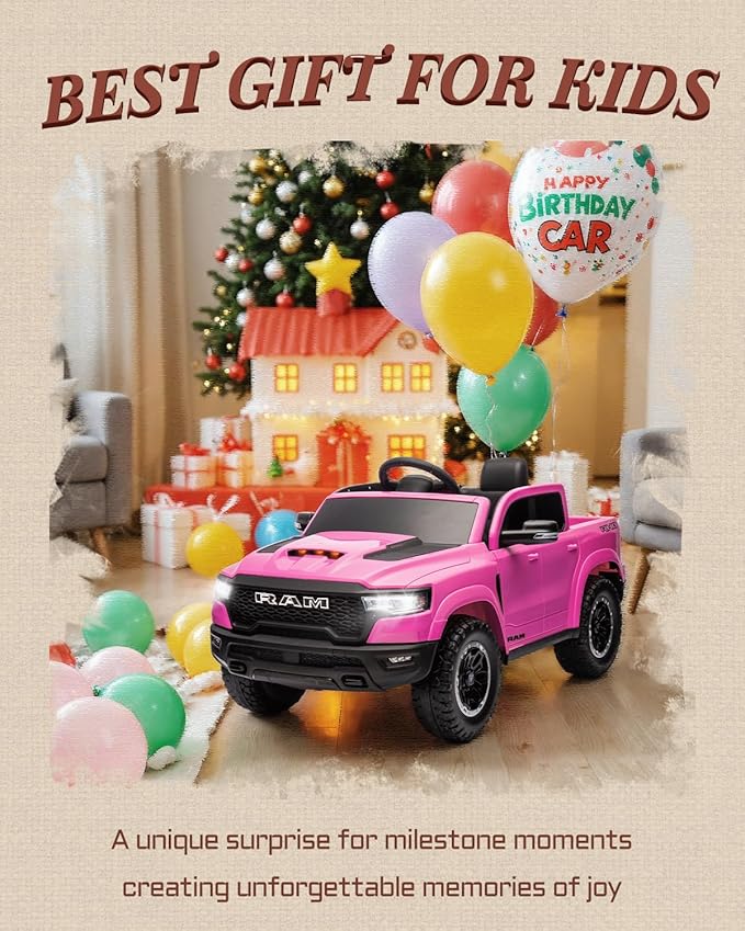 First Ride On Licensed Ram 1500 12V Ride on Toys, Kids Ride on Car with Remote Control, Electric Vehicle for Toddler with Smooth Start, Pickup Truck Bed Storage, Spring Suspension, Aux Port (Pink)