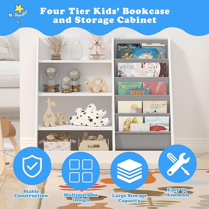 4 Tier Kids Wooden Bookshelf, 5 Layer Sling Toddler Bookcase,Baby Storage Book Rack,Book and Toy Organizer Cabinet,Children Book Display,Playroom Nursery Classroom Kid Room