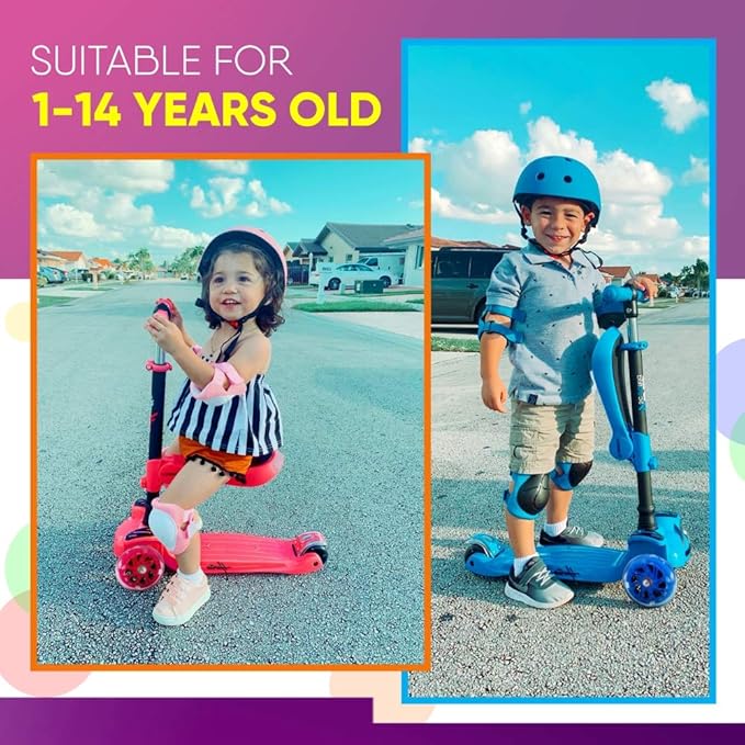Hurtle 3-Wheeled Scooter for Kids - Wheel LED Lights, Adjustable Lean-to-Steer Handlebar, and Foldable Seat - Sit or Stand Ride with Brake for Boys and Girls Ages 1-14 Years Old