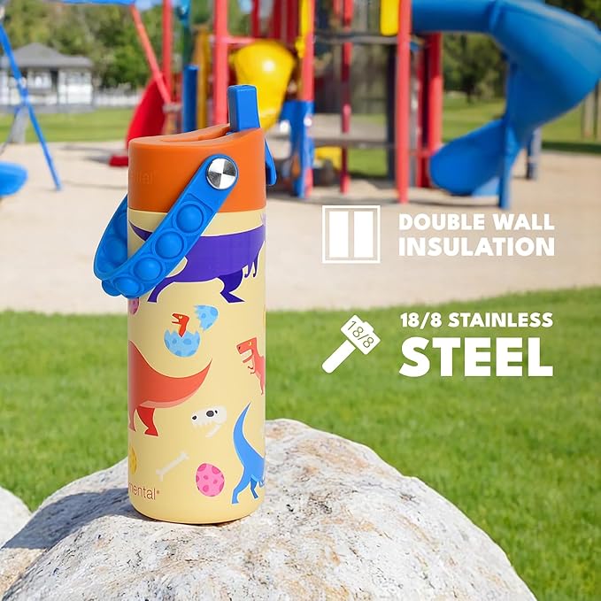 Elemental Insulated Kids Water Bottle, Stainless Steel Water Bottle with Straw Lid & Pop-It Handle, Leak-Proof Water Bottles for School, Boys or Girls, Travelling and Sports, 18oz - Dino Rage
