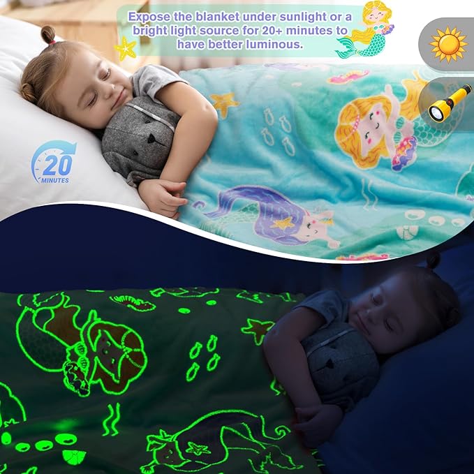 Mermaid Toys Gifts for Girls Kids - Glow in The Dark Ocean Blanket Best Birthday Christmas Valentines Easter Decor Presents for for Age 1-14 Years Old Teens Child Toddler Daughter Soft Throw 50"X60"