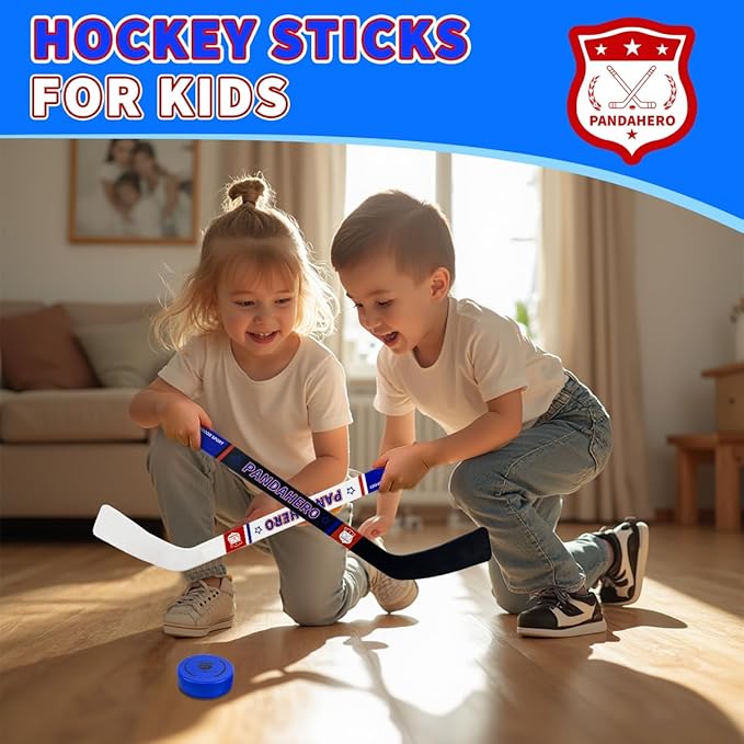 Pandahero Mini Hockey Stick Set for Kids – Indoor Floor Hockey Kit with 4 Mini Hockey Sticks & 12 Knee Hockey Balls – Soft Foam Pucks & Balls – Fun Hockey Gifts for Boys & Girls