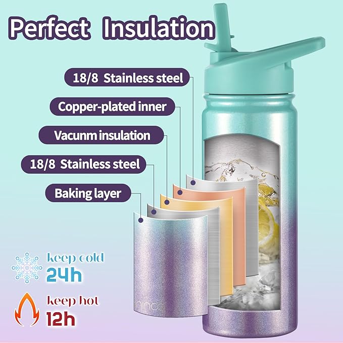 mininoo Girls Water Bottle for School, 16oz Stainless Steel Insulated Metal Water Bottle with Straw Lid for Boys (Aurora)