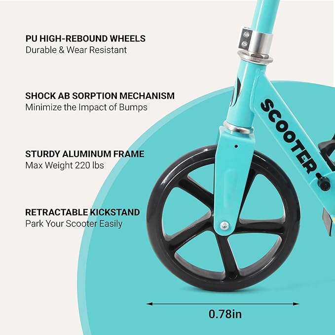 Kick Scooter for Ages 6+, Kids, Teens & Adults. Max Load 240 LBS. 8IN Big Wheels for Kids, Teens & Adults, 3 Adjustable Levels