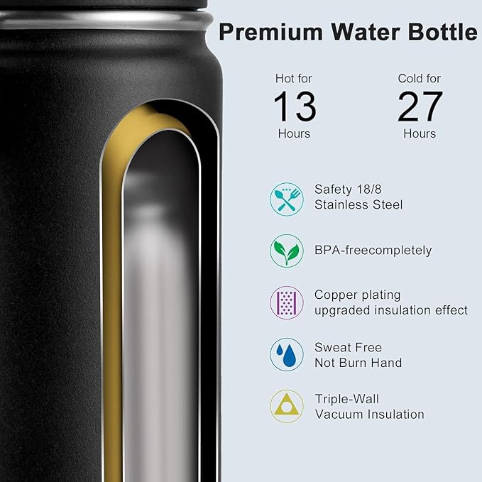 koodee 16 oz Water Bottle Stainless Steel Double Wall Vacuum Insulated Water Bottle for School Wide Mouth Sports Bottle with Leakproof Spout Lid (Black)