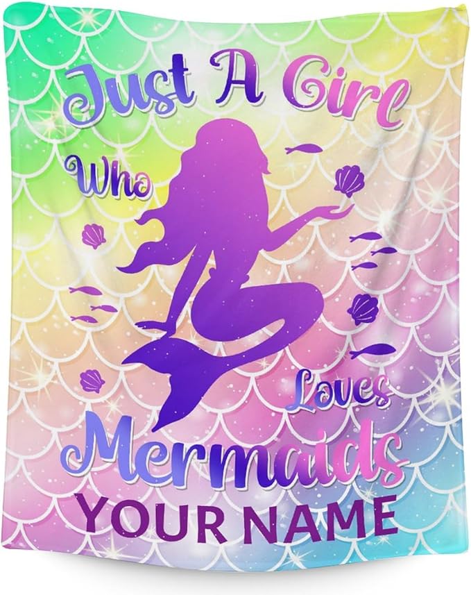 Personalized Mermaid Blanket with Name - Soft, Fuzzy & Warm - 40"x50" Small Blankets for Sofa, Couch - Colorful Cute Throw Gifts for Girls
