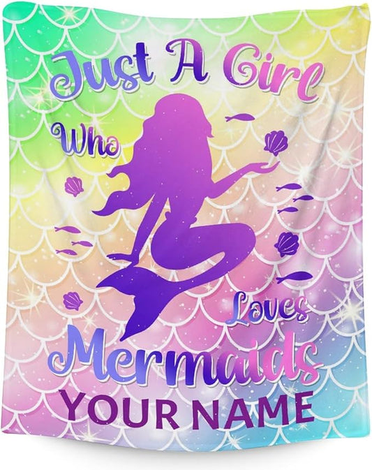 Personalized Mermaid Blanket with Name - Soft, Fuzzy & Warm - 40"x50" Small Blankets for Sofa, Couch - Colorful Cute Throw Gifts for Girls