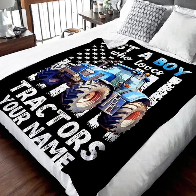 Personalized Tractor Blanket for Boys, Cute Farm Trucks Throw Blanket Gifts for Kids Teens Truck Lovers, 50x60 Inches Custom Name Black Soft Flannel Car Blankets for Couch