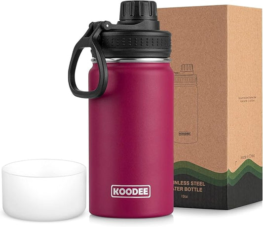 koodee 12 oz Water Bottle -Stainless Steel Vacuum Insulated Wide Mouth Flask with Leakproof Spout Lid, Reusable Sports Metal Water Bottle BPA Free(Fuchsia Red)