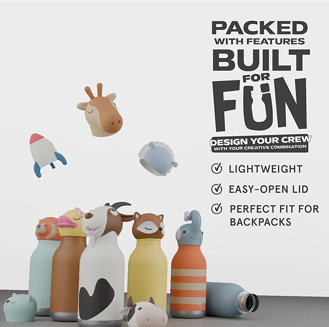 asobu Bestie Bottle Insulated Stainless Steel Water Bottle with Detachable Soft Animal Head Fun Drinking For Kids and Teens with Flexible Reusable Straw 16 Ounce (Duck)