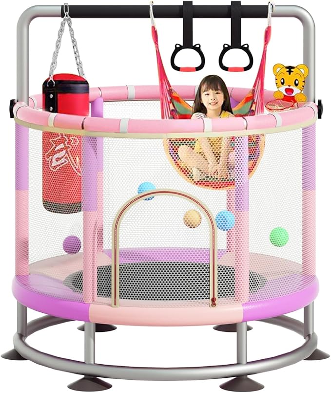 60" Trampoline for Kids, Anti-Rollover Round Bottom Baby Toddler Trampoline with Basketball Hoop, Indoor/Outdoor Kid MiniTrampoline with Enclosure Net, Children's Gift for Halloween, Christmas