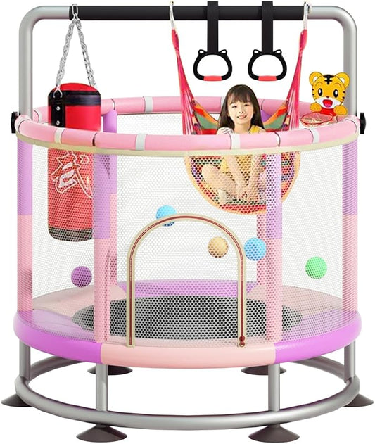 60" Trampoline for Kids, Anti-Rollover Round Bottom Baby Toddler Trampoline with Basketball Hoop, Indoor/Outdoor Kid MiniTrampoline with Enclosure Net, Children's Gift for Halloween, Christmas