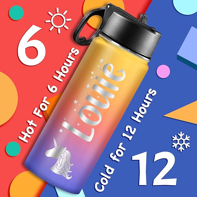 Personalized Water Bottles for Kids with Name for School Customized Christmas Birthday Gifts for Boys Girls Custom Sport Stainless Steel Cup with Straw Lid 18oz for Men Women