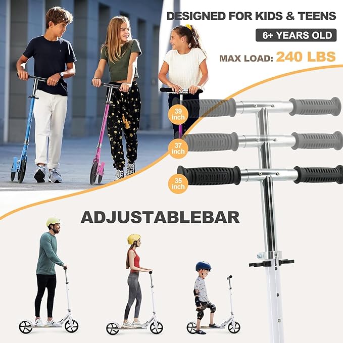 Kick Scooter for Ages 6+, Kids, Teens & Adults. Max Load 240 LBS. 8IN Big Wheels for Kids, Teens & Adults, 3 Adjustable Levels