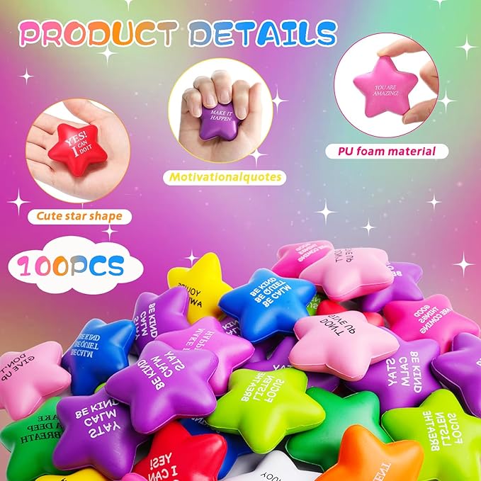 100PCS Bulk Star Stress Balls for Adults & Kids - Motivational Quotes Soft Foam Stress Relief Squeeze Toys, Fidget Anxiety & Anger Relief at Work/School/Home, Perfect Party Favors (Multi-Color)