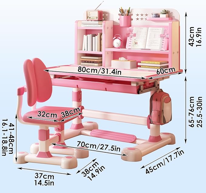Upgraded Kid's Desk and Chair Set, Adjustable Children's Study Table with Bookshelf and Storage Drawer, 50-Degree Tiltable Desktop with Chair for Bedroom (Pink 117cm)