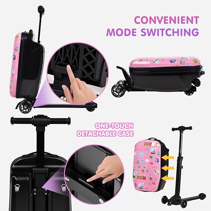 smilesun 4-in-1 Detachable Scooter Luggage for Kids & Teens, Foldable Hardside Ride On Suitcase with Wheels, Stylish and Safe Design(Pink)