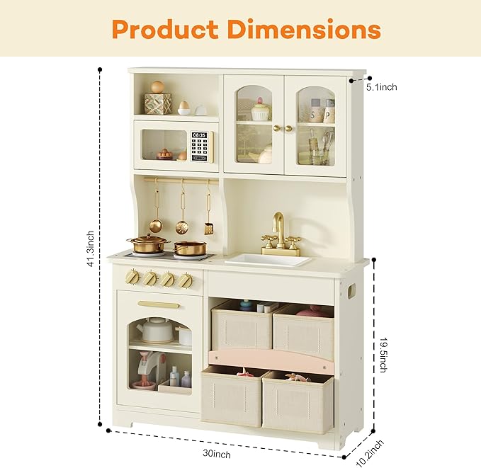 Play Kitchen for Kids, Wooden Toy Kitchen Set with Smart Storage & Accessories, Toddler Kitchen Playset with Stove & Oven, Pretend Play Set, Gift for Ages 3-8, White