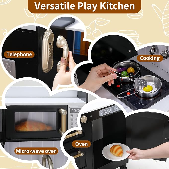 Arlopu Play Kitchen for Kids, Wooden Toy Toddler Kitchen Sets, Sturdy Pretend Cooking Playset with Storage & Accessories, Realistic Light & Sound, Stove, Fridge, Microwave, Removable Sink (Black)