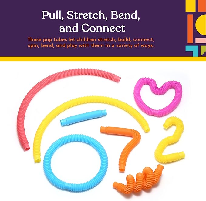Special Supplies Fun Pull and Stretch Tubes for Kids - Pop, Bend, Build, and Connect Toy, Provide Tactile and Auditory Sensory Play, Colorful, Heavy-Duty Plastic (30-Pack Primary Colors)