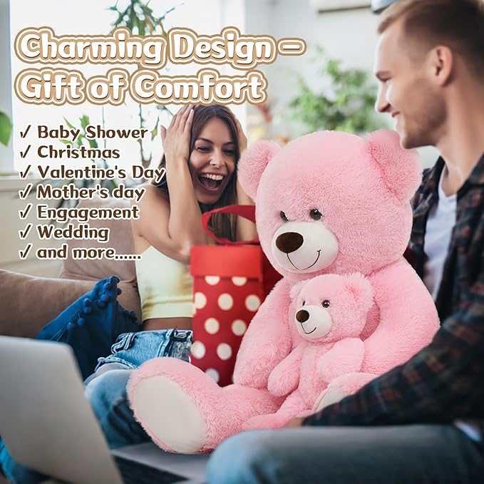 MorisMos Mom and Baby Giant Teddy Bear, 39inch Soft Big Teddy Bears Stuffed Animal Plush for Baby Shower, Pink