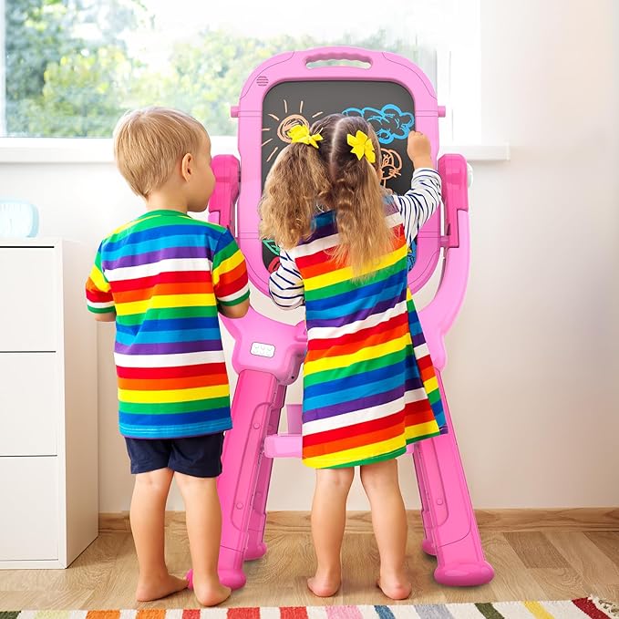 Easel for Kids, Toddler Art Easel Adjustable Standing, Magnetic Double Sided Easel with Painting Accessories, Gift for Girls (Light Pink)