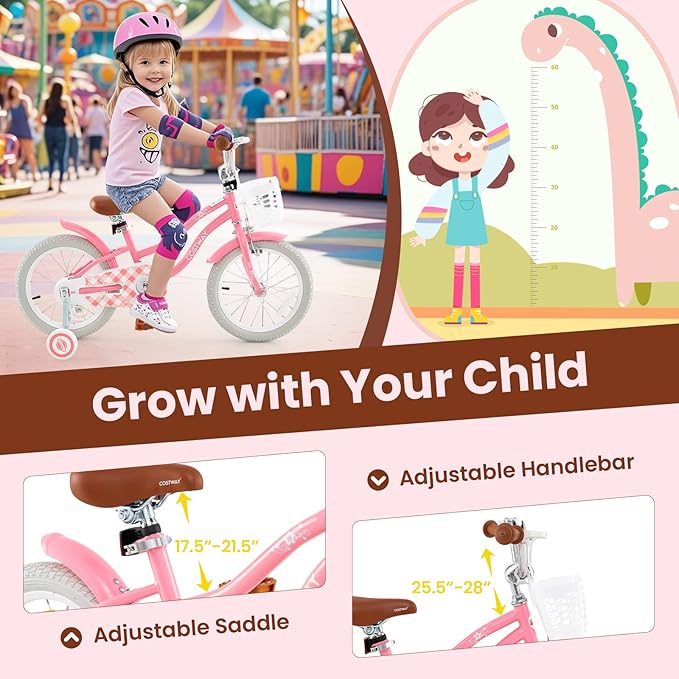 COSTWAY Kids Bike, 12 14 16 18 Inch Toddler Bike Children Bicycle w/Training Wheels, Hand & Coaster Brakes, Adjustable Saddle & Handlebar, Basket, Bell, Kids Bicycle for Girls Boys Aged 3-8 Years Old