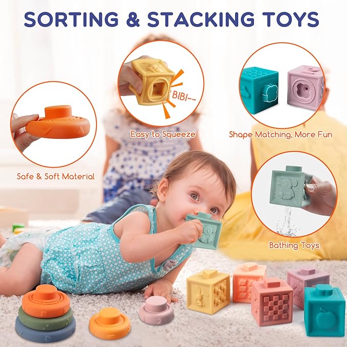 Montessori Baby Toy Sorting Stacking Learning Toys Wooden Building Blocks, Xylophone Musical, Infant Teethers Toys for Baby, 6 in 1 Toy Birthday Gifts for Toddlers