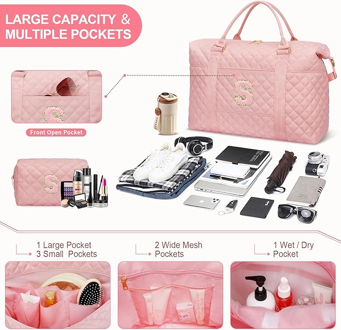 Gifts for Teen Girl, Initial Travel Duffle Bag, Personalized Women Weekender Overnight Bags, Gift for Daughter Kid Girl Wife Friend（Pink,S)