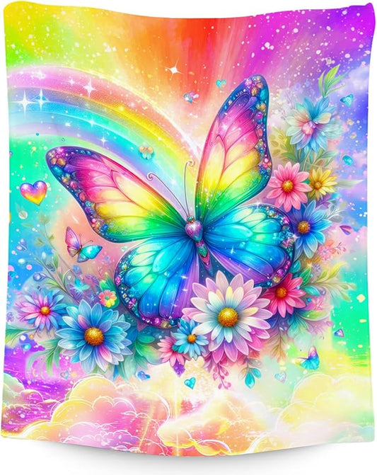 Girls Throw Blanket, Butterfly Blanket Gifts for Girls, Kids Butterfly Gifts with Flower, Warm Flannel Throw for Couch, 30"x40"
